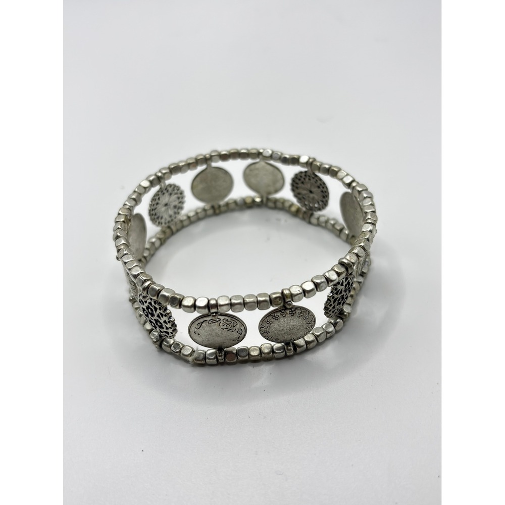 Unbranded Coin Charm Stretch Bracelet Women‎ OS Silver Tone Boho Filigree Beaded